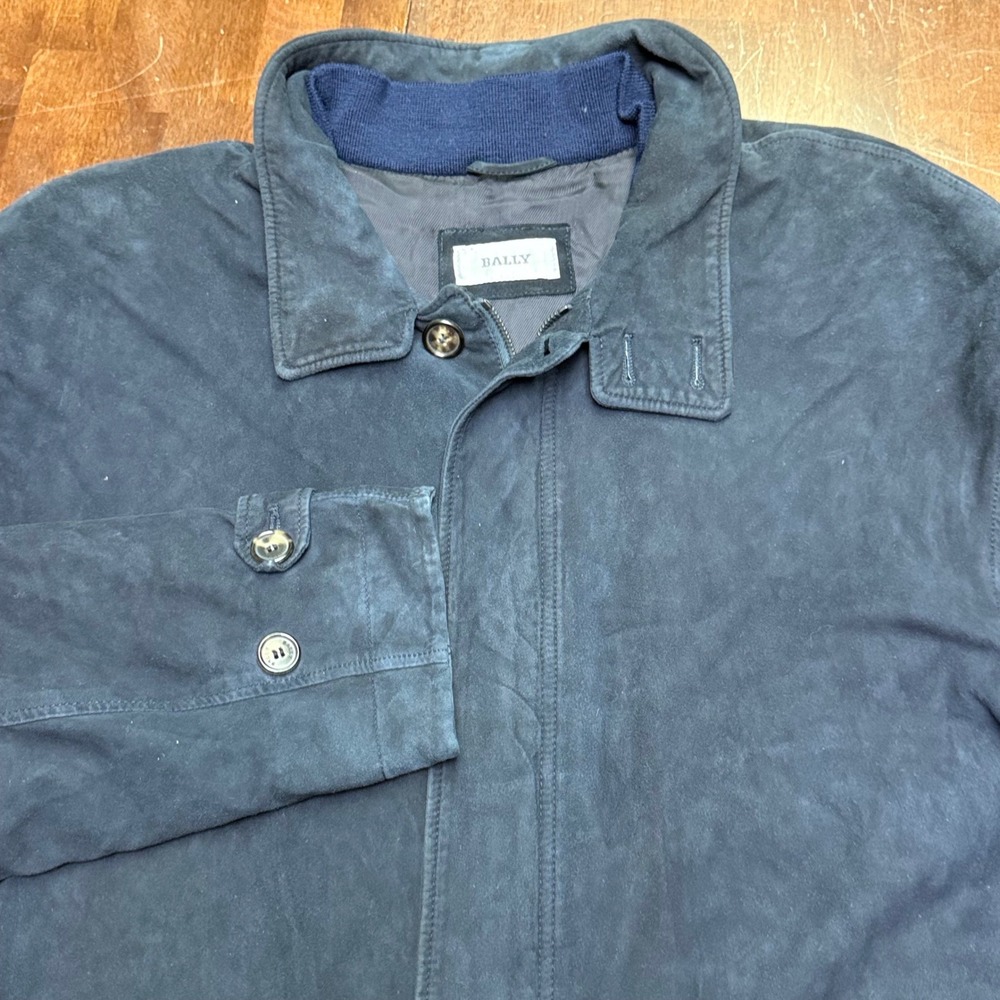 Bally Leather Suede Field Jacket XL 46 Navy Blue Italy RiRi Zipper Luxury